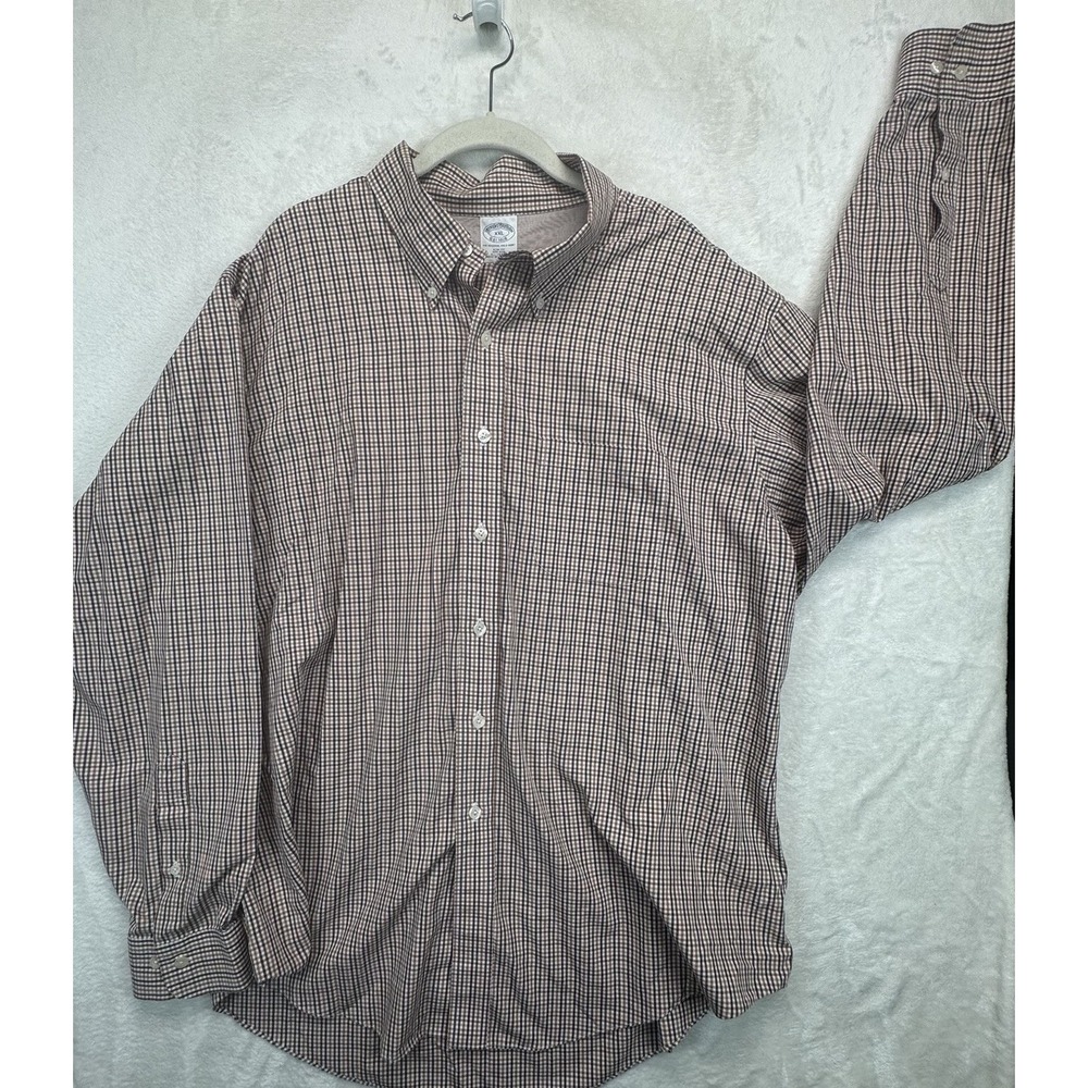 Brooks Brothers Slim Fit Dress Shirt Men's XXL Brown‎ Check Non Iron Button Down